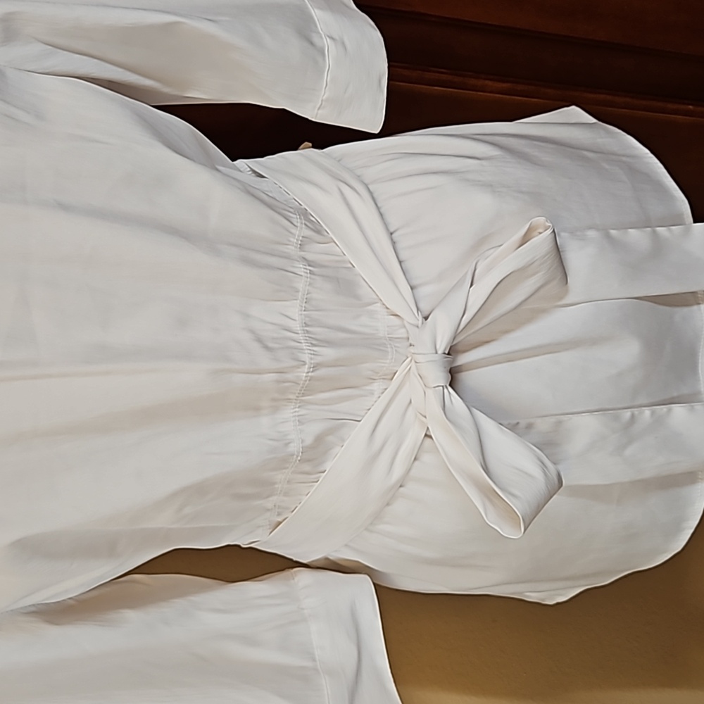 ANTILIA FEMME RUFFLE BLOUSE TOP STRETCH WHITE M TIE WAIST 3/4 SLEEVE - Picture 9 of 10